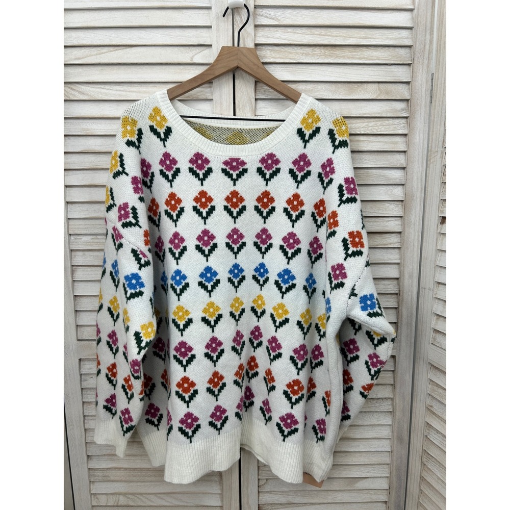 NWT Bloomchic Floral Knit Sweater 22-24 3X White Cottagecore Retro